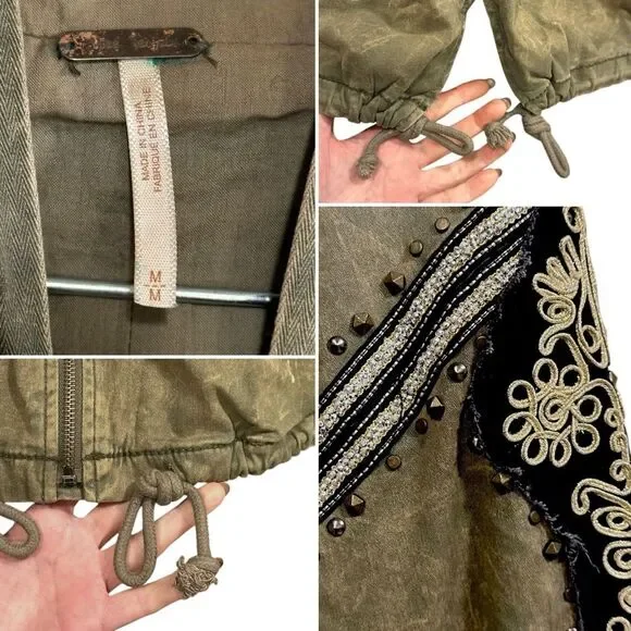 FREE PEOPLE Golden Quills Military Parka Jacket Coat Green Rhinestones M RARE - Picture 15 of 16